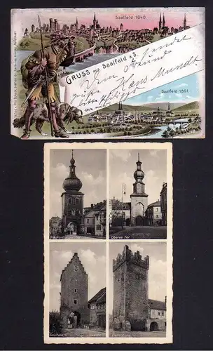 2 Ansichtskarte Saalfeld Litho 1898 Ritter mit Hund Blick auf Panorama von 1640 und