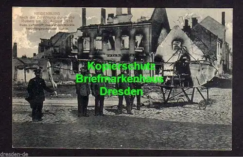 Ansichtskarte Neidenburg 1915 Zerstörung 1914 Ruinen abgeschossenes Flugzeug auf dem