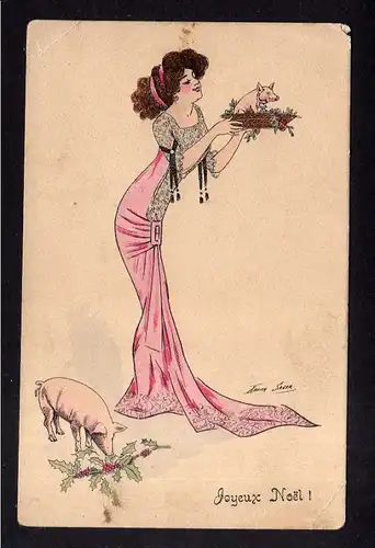 Ansichtskarte Neujahr Künstlerkarte Xavier Sager Frau im langen Kleid Glücksschwein