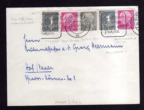 BRD Brief 1959 W 17x + 226 Bahnpostamt München nach Hof Saale