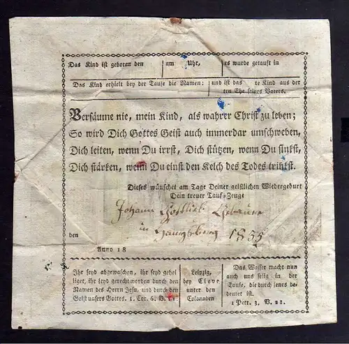 Taufbrief Am Tage der Weihe 1835 Patenbrief Leipzig handcoloriert