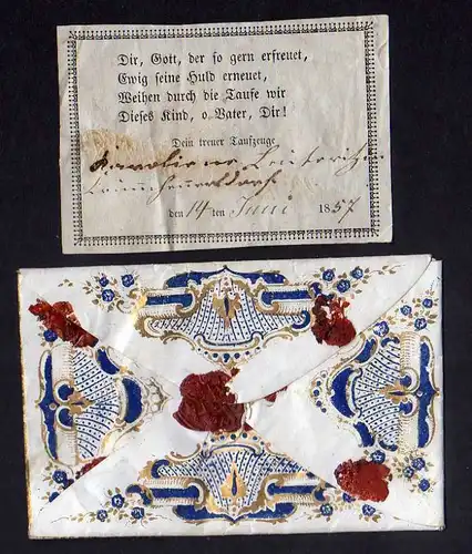 Taufbrief Sei treu der Tugend 1857 Patenbrief goldgeprägt  mit Spruchzett