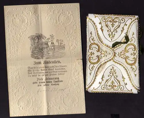 Taufbrief um 1860 mit Aufsatz Zum Andenken Patenbrief goldgeprägt  mit Sp