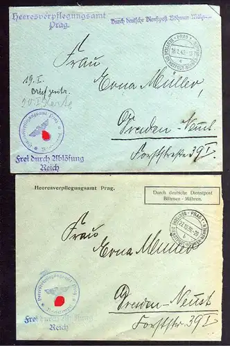 B1081 2 Briefe Böhmen und Mähren Deutsche Dienstpost Prag 1939 Heeresverpflegung