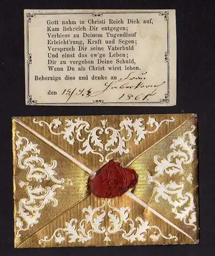 Taufbrief Dein Lebe lang habe Gott ... 1861 Patenbrief goldgeprägt  mit S