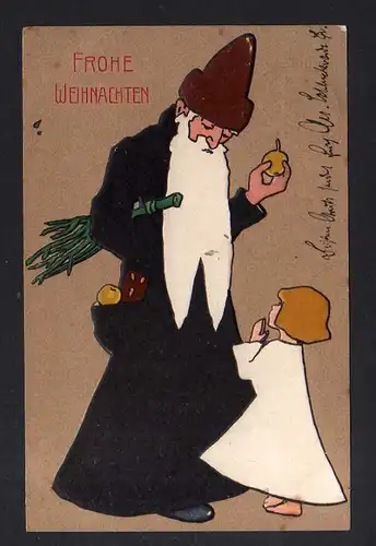 Ansichtskarte Weihnachten Weihnachtsmann 1908 geprägt Schwarzer Mantel Lebkuchen Kin