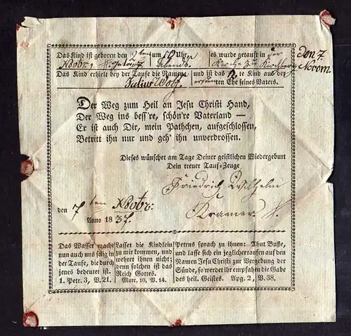 gefaltener Taufbrief 1837 Kirchberg Familie am Taufbecken Biedermeier