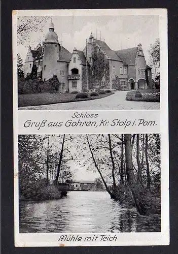 Ansichtskarte Schloss Gohren Kr. Stolp in Pommern Mühle mit Teich um 1940
