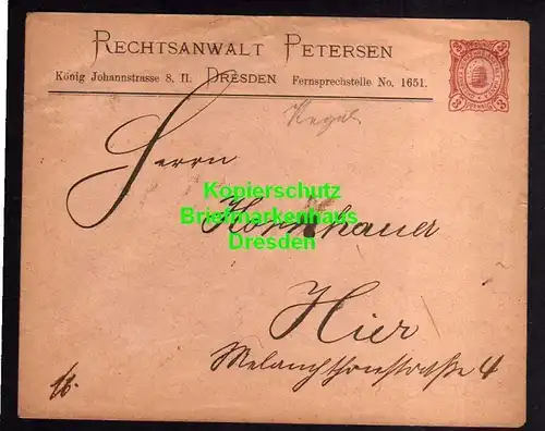 Privatpost Hansa Dresden um 1890 Ganzsache Rechtsanwalt Petersen König Jo