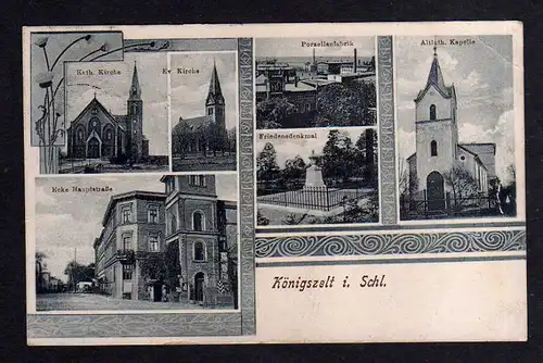 Ansichtskarte Königszelt in Schlesien Kirche Porzellanfabrik Denkmal Hauptstraße 192