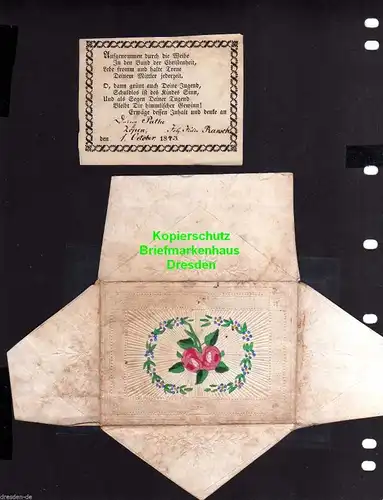 Taufbrief 1843 mit Spruchzettel Patenbrief Zöpen Rose + farblose Prägung