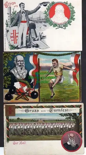 3 Ansichtskarte Turner Künstlerkarten Litho Gut Heil um 1900 Turnvater Jahn geprägt