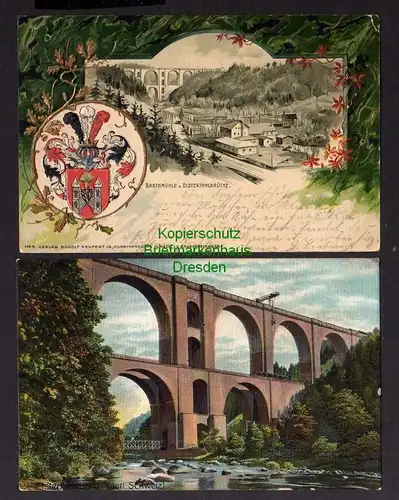 2 Ansichtskarte Vogtländische Schweiz Wappen Präge Karte Bahnhof Barthmühle Elsterta