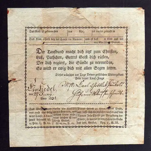 S117 Taufpatenbrief Taufbrief Einsiedel 1831
