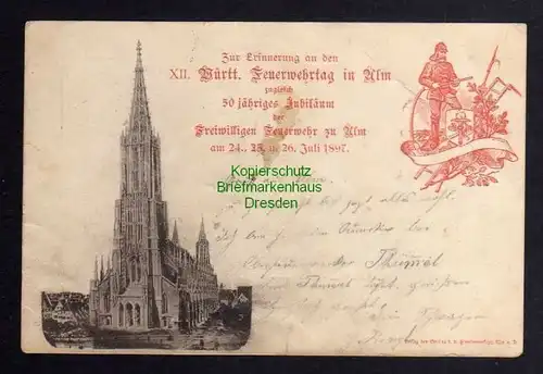 Ansichtskarte Ulm 1897 XII. Württ. Feuerwehrtag Privatganzsache 50 jähr. Jubiläum de