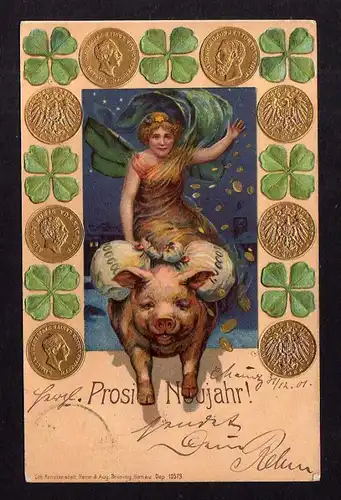 Ansichtskarte Prosit Neujahr 1901 Frau auf Schwein Geldsäcke Glücksklee Münzen golde