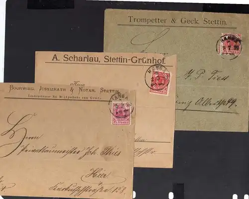 S116 3x Privatpost Stettin Hansa 1899 Brief Firmenvordruck Notar Trompeter & Gec