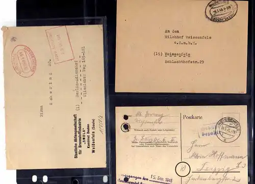 B823 7x SBZ Brief Karte Gebühr bezahlt 1945 Weißenfels SMOLA Kombinat Deuben 194