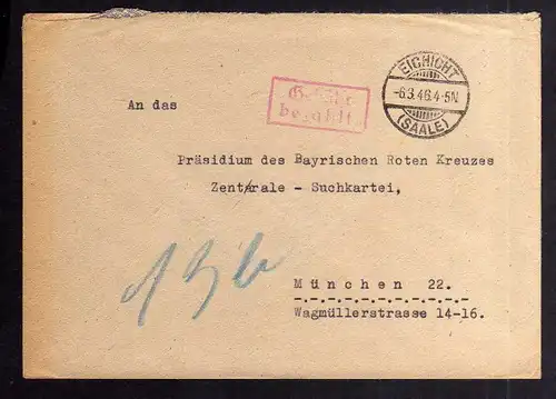 B2055 Brief SBZ Gebühr bezahlt 1946 Eichicht Saale Kaulsdorf Bayr. Rotes Kreuz S