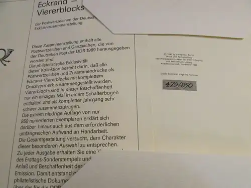 DDR 1989 Exklusiv Jahressammlung mit Eckrand Viererblocks nur 850 Stück mit komp