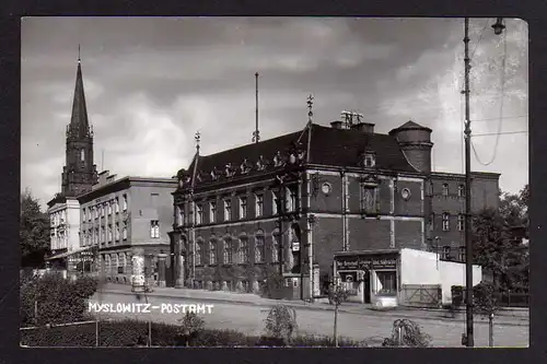 Ansichtskarte Myslowitz Schlesien Postamt um 1940 Erfrischungs Halle Bier Ausschank