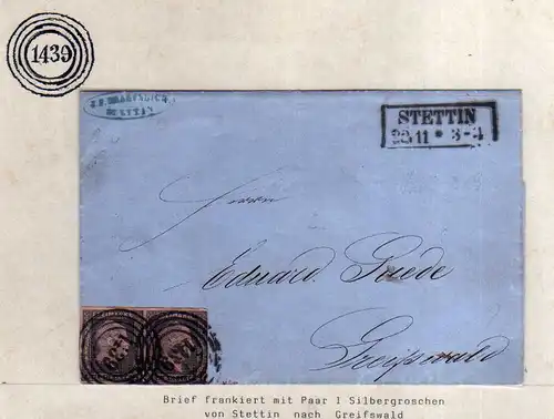 v065 aus Stettin Sammlung Preußen Brief Mi. 2 waag. Paar Nummernstempel 1439 nac