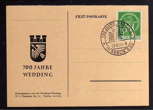 B1238 Karte Westberlin Berlin 68 Währungsgeschädigte SST 700 Jahre Wedding blank