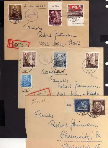 B1260 DDR 1951 2 Briefe + Vorderseite Marx Tag der Briefmarke 396 Rotes Kreuz 38