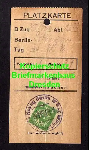 Platzkarte D-Zug Berlin - Göttingen 1925 mit Wertmarke HAPAG DEutsche Rei