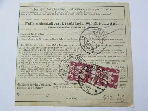 V810 Heimatsammlung Neurode Paketkarte 1927 Perfin Firmenlochung B.N. Berlin - N