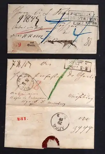 v085 aus Stettin Sammlung Preußen 2x Paketbegleitbrief 1859 nach Merseburg 1867
