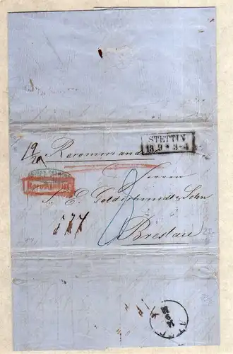 v081 aus Stettin Sammlung Preußen Einschreiben Recomandirt Kastenstempel 1854