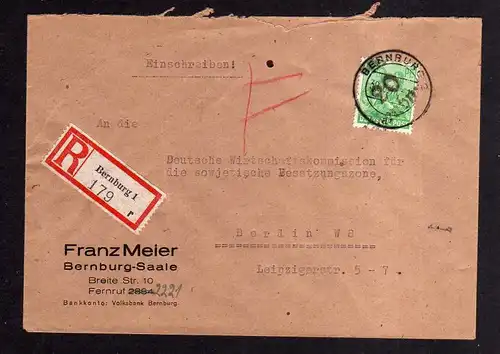 h662 Brief Handstempel Bezirk 20 Bernburg 30.6.48 Einschreiben an Wirtschaftskom