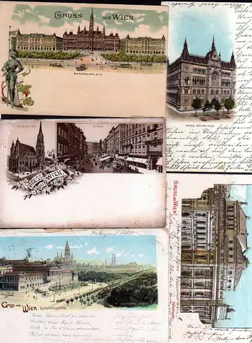 5 Ansichtskarte Wien Litho 1900 Sühnhaus Rathausplatz Reichsrathsgebäude