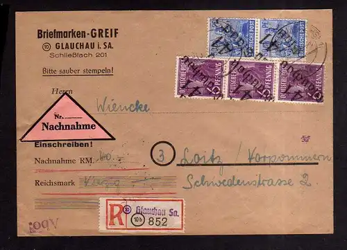 h2000 Handstempel Bezirk 41 Glauchau 30.6.48 Nachnahme Brief Einschreiben Loitz