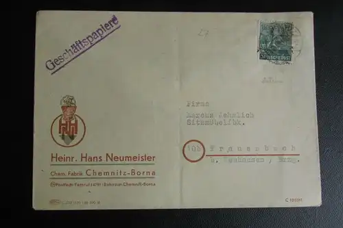 Brief Bezirkshandstempel Bezirk 27 Chemnitz Borna Chem. Fabrik Neumeister