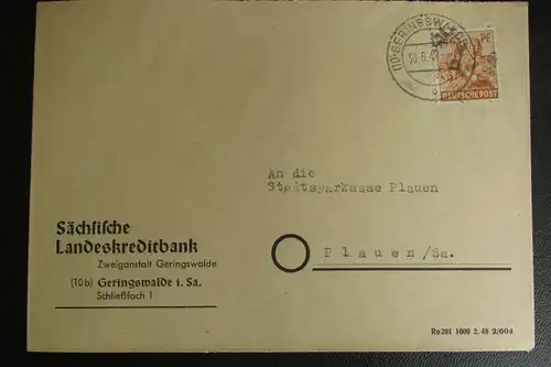 Brief Bezirkshandstempel Bezirk 27 Geringswalde 30.6.48 Landeskreditbank