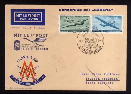 Brief Sternflug zur Leipziger Herbstmesse 1956 Luftpost Sabena Mockau na