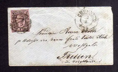 B2637 Sachsen 9 Damenbrief Chemnitz 8 nach Treuen um 1855