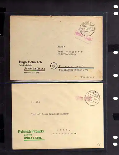 B821 2x SBZ Brief Gebühr bezahlt 1945 Weida Thür. Schäftefabrik Behnisch Gerbere