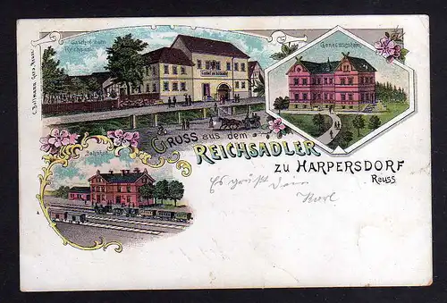 Ansichtskarte Harpersdorf Kraftsdorf Litho 1902 Gasthof zum Reichsadler Bahnhof Gene