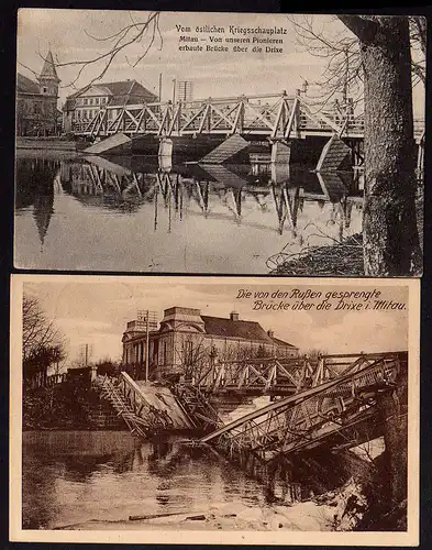 2 Ansichtskarte Mitau Die v.d. Russen gesprengte Brücke Drixe Jelgava Lettland 1916