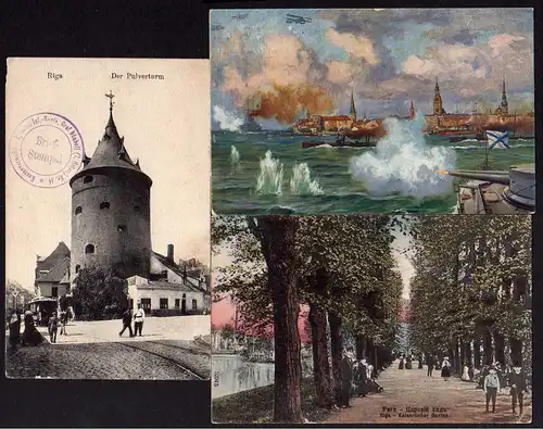 3 Ansichtskarte Riga Pulverturm Kaiserlicher Garten Hafen 1916 1918 Feldpost