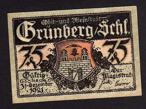 Notgeld Grünberg Schlesien 1 Schein 1921 Wein Bachus