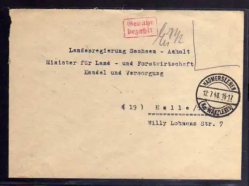 B443 SBZ Brief Gebühr bezahlt 1948 Hadmersleben Kr. Wanzleben an Landesregierung