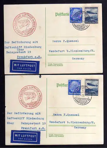 B1189 2 Karten DR 1936 Luftschiff Hindenburg Deutsche Luftpost Europa Nordamerik