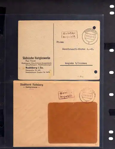 B674 2x SBZ Brief Karte Gebühr bezahlt 1945 Radeberg Stadtbank Sächsische Hartgl