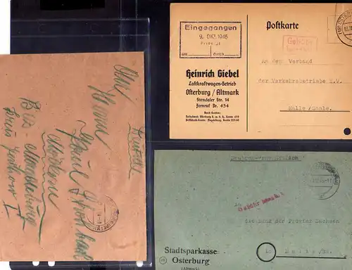 B651 3x SBZ Brief Karte Gebühr bezahlt 1945 Osterburg Altmark Stadtsparkasse an