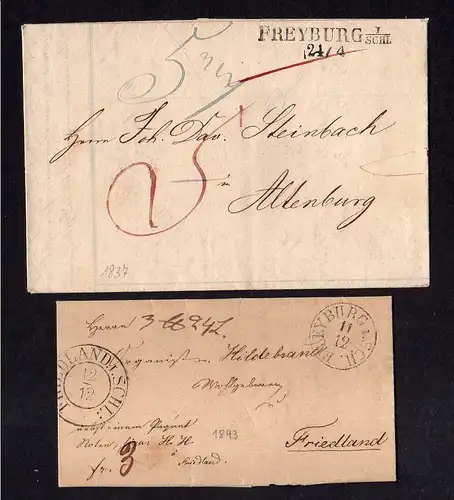 V234 Freyburg Schlesien 1837 Vorphila Faltbrief 1843 nach Friedland