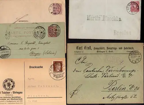 V246 12 Belege Striegau 1880 - 1943 2x Paketkarte 1924 1926 Infla Gebühr bezahlt